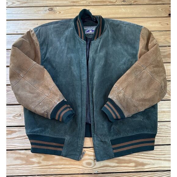 Vintage Watershed William Barry Leather Bomber Jacket Size XL Men’s Green Brown - Picture 1 of 12